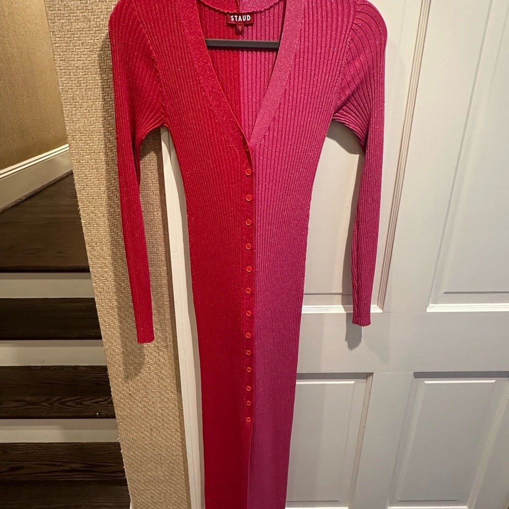 STAUD Fuchsia Long Sleeve Ribbed Dress